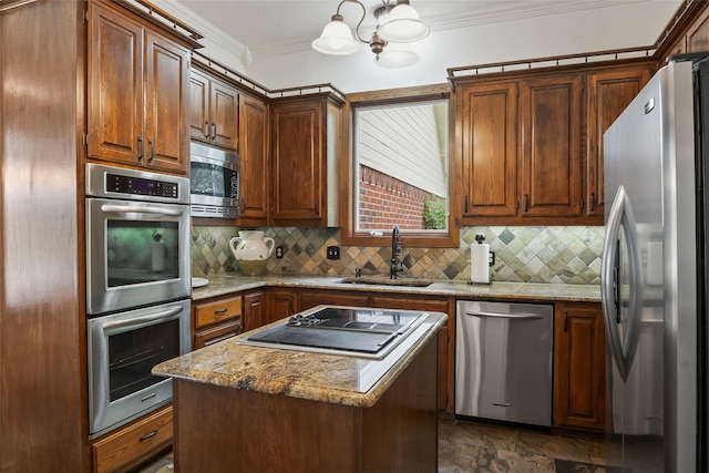6815 Fm 1830, Argyle, TX 76226 - kitchen featuring appliances with stainless steel finishes, decorative backsplash, crown molding, a chandelier, and light stone counters