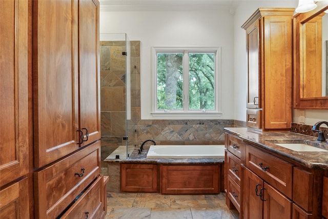 6815 Fm 1830, Argyle, TX 76226 - full bath with vanity, ornamental molding, a garden tub, and a tile shower