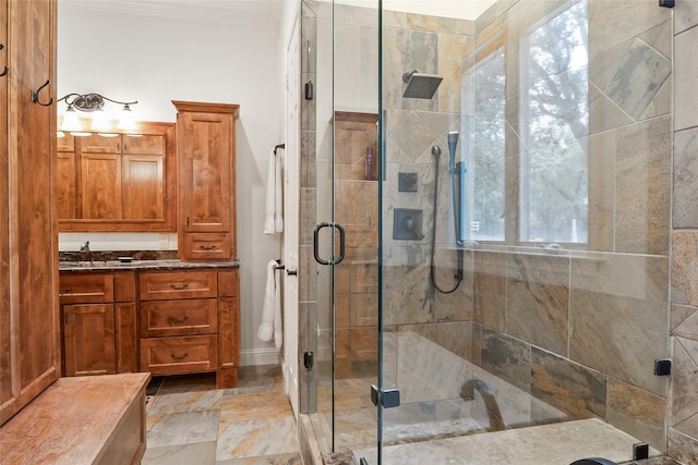 6815 Fm 1830, Argyle, TX 76226 - bathroom with vanity, a stall shower, and crown molding
