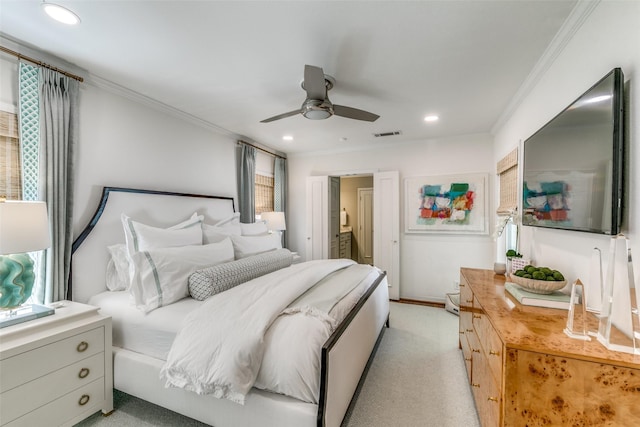 5022 W Hanover Ave, Dallas, TX 75209 - bedroom featuring crown molding, recessed lighting, light colored carpet, and ceiling fan