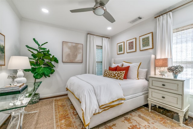 5022 W Hanover Ave, Dallas, TX 75209 - bedroom featuring ornamental molding, recessed lighting, baseboards, and ceiling fan