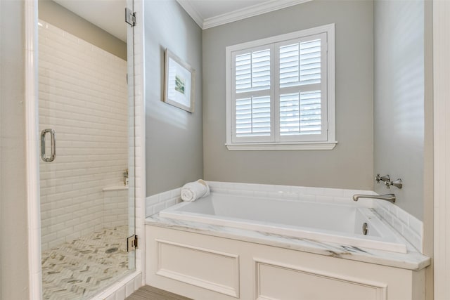 5022 W Hanover Ave, Dallas, TX 75209 - full bath with a stall shower, a bath, and crown molding