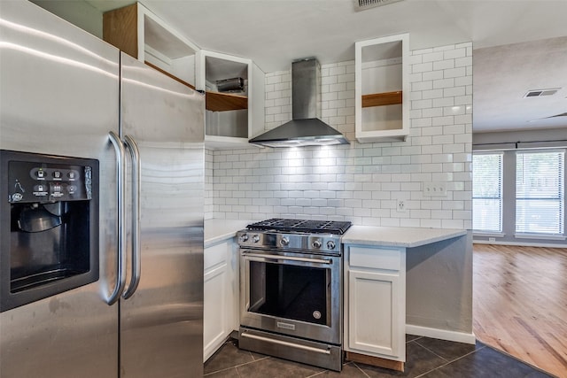 630 W Canty St Unit B6, Dallas, TX 75208 - kitchen featuring appliances with stainless steel finishes, open shelves, wall chimney exhaust hood, and white cabinets