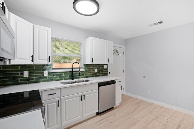 3812 Burton Ave, Fort Worth, TX 76105 - kitchen with stainless steel appliances, a sink, light wood-type flooring, tasteful backsplash, and white cabinets