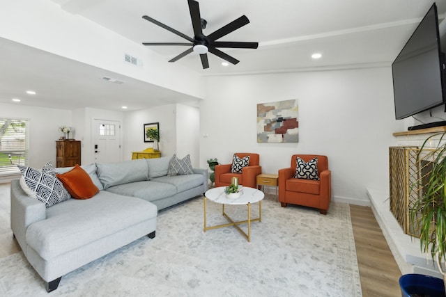 1833 Chamberlain Dr, Carrollton, TX 75007 - living area with wood finished floors, a ceiling fan, and recessed lighting