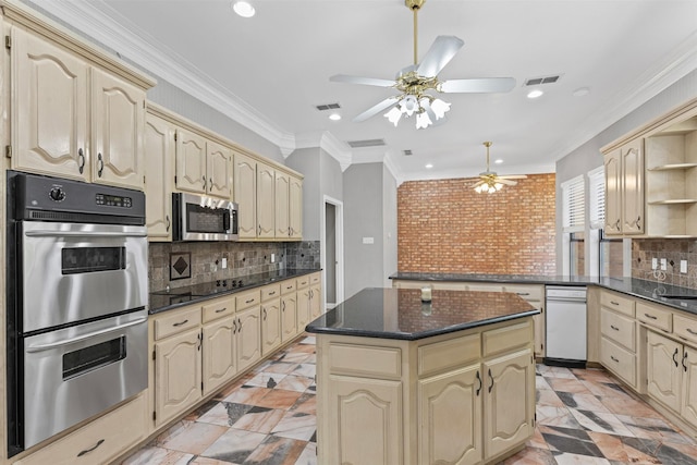 4223 Mojave Dr, Granbury, TX 76049 - kitchen featuring stainless steel appliances, cream cabinets, open shelves, ceiling fan, and recessed lighting