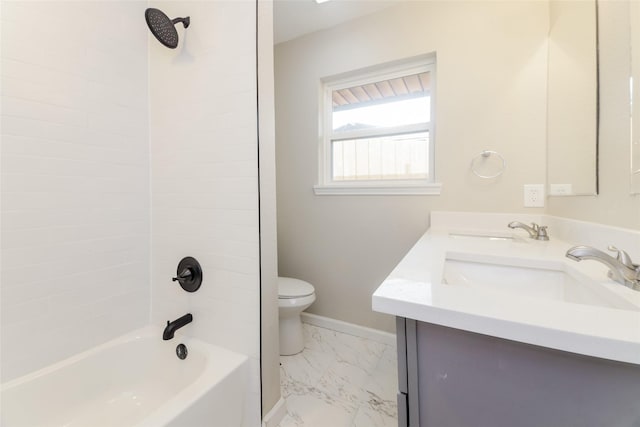 3343 Norcross Ln, Dallas, TX 75229 - bathroom featuring toilet, double vanity, baseboards, shower / bathtub combination, and marble finish flooring