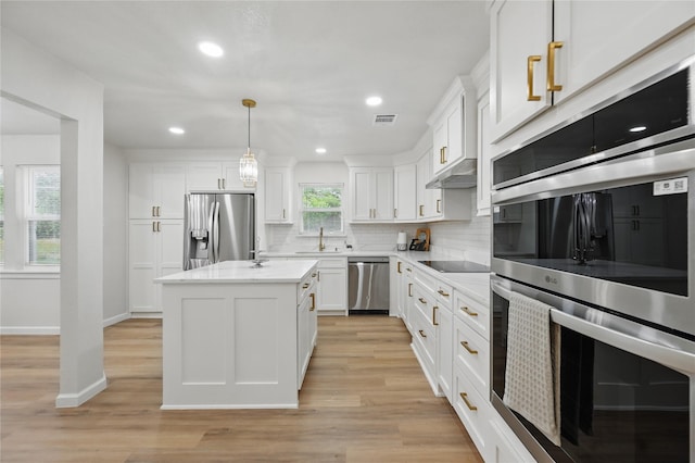 9690 Fallbrook Dr, Dallas, TX 75243 - kitchen with stainless steel appliances, a sink, tasteful backsplash, white cabinets, and light wood-type flooring