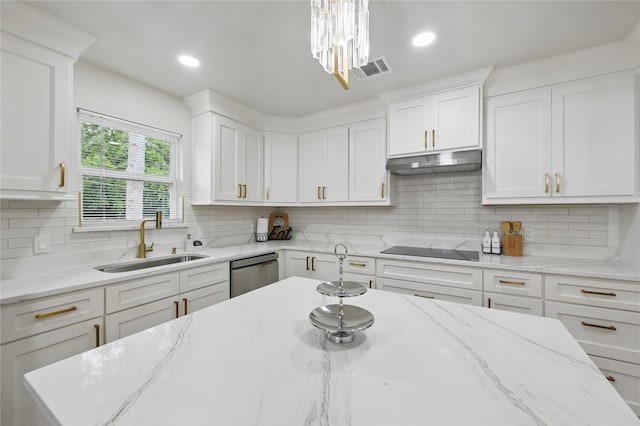 9690 Fallbrook Dr, Dallas, TX 75243 - kitchen featuring a sink, under cabinet range hood, stainless steel dishwasher, black electric cooktop, and white cabinets