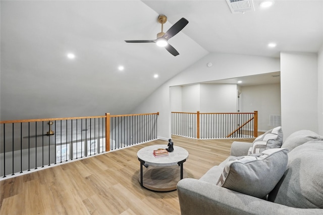 9690 Fallbrook Dr, Dallas, TX 75243 - sitting room with a ceiling fan, wood finished floors, vaulted ceiling, an upstairs landing, and recessed lighting