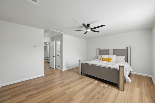 9690 Fallbrook Dr, Dallas, TX 75243 - bedroom with attic access, light wood-style flooring, baseboards, and ceiling fan