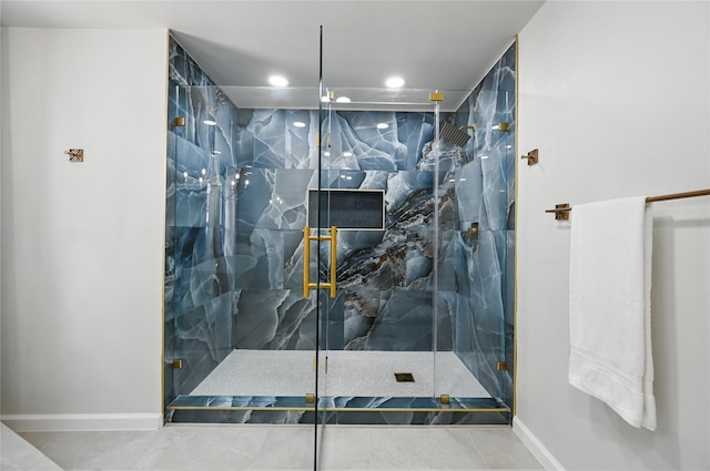 9690 Fallbrook Dr, Dallas, TX 75243 - full bath featuring a marble finish shower, recessed lighting, baseboards, and tile patterned floors