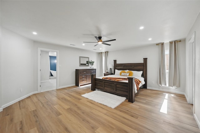 9690 Fallbrook Dr, Dallas, TX 75243 - bedroom featuring light wood-style flooring, recessed lighting, baseboards, and a ceiling fan