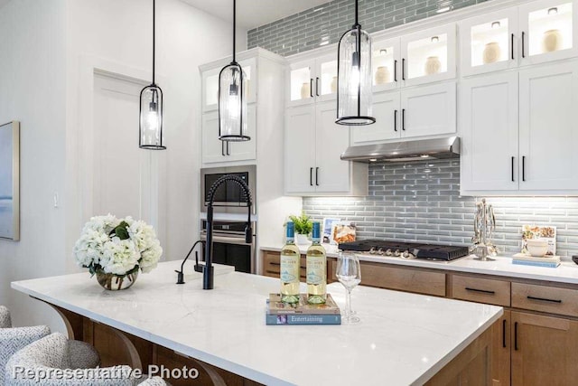 11749 Edgewood Dr, Justin, TX 76247 - kitchen with under cabinet range hood, appliances with stainless steel finishes, pendant lighting, and white cabinetry