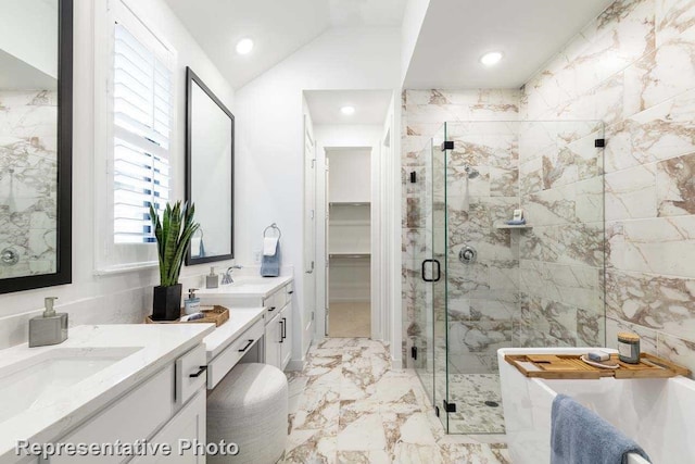 11749 Edgewood Dr, Justin, TX 76247 - bathroom with a shower stall, two vanities, marble finish floors, and recessed lighting
