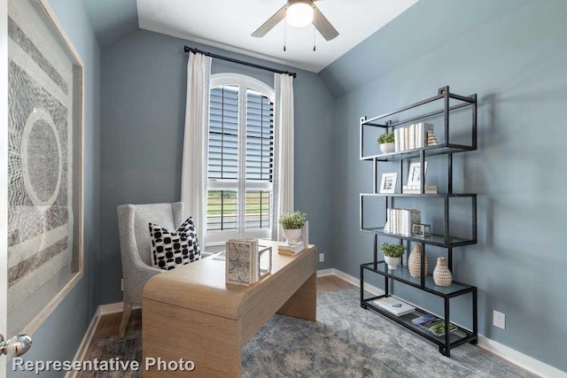 11749 Edgewood Dr, Justin, TX 76247 - home office featuring vaulted ceiling, ceiling fan, and baseboards