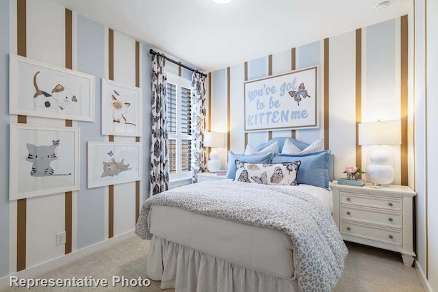 11749 Edgewood Dr, Justin, TX 76247 - bedroom featuring light carpet, wallpapered walls, and baseboards