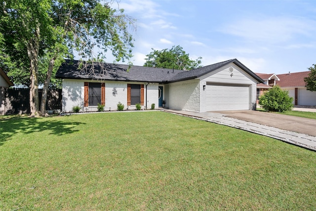 2937 Lake Park Dr, Grand Prairie, TX 75052 - ranch-style home featuring brick siding, a garage, concrete driveway, a front lawn, and a shingled roof