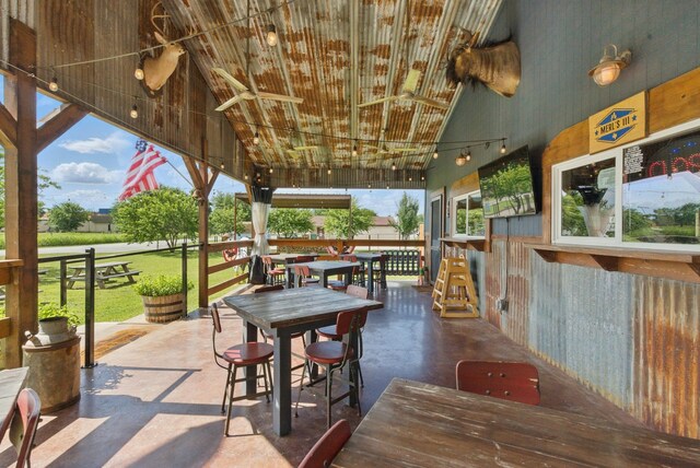 8700 Fm 920, Peaster, TX 76088 - view of patio featuring outdoor dining space, a ceiling fan, a gazebo, and an outdoor bar