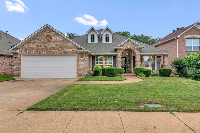 6504 Bluebird Dr, Arlington, TX 76001 - traditional home with brick siding, roof with shingles, a front yard, driveway, and a garage