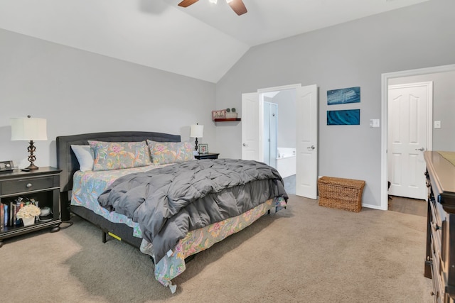 6504 Bluebird Dr, Arlington, TX 76001 - bedroom featuring vaulted ceiling, carpet flooring, ceiling fan, connected bathroom, and baseboards