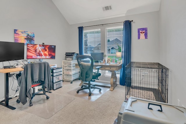 6504 Bluebird Dr, Arlington, TX 76001 - office area featuring carpet, vaulted ceiling, and baseboards