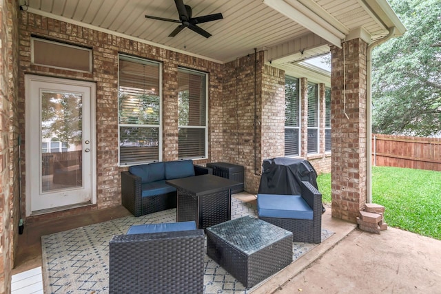 6504 Bluebird Dr, Arlington, TX 76001 - view of patio / terrace featuring ceiling fan and an outdoor hangout area