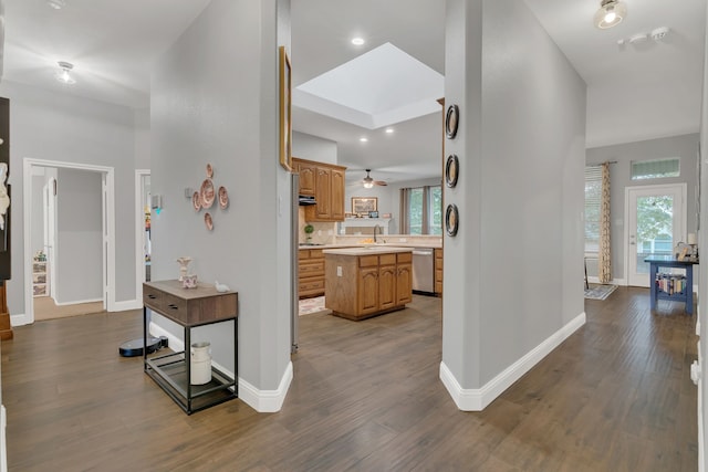 6504 Bluebird Dr, Arlington, TX 76001 - hallway featuring dark wood-type flooring, baseboards, recessed lighting, and a sink