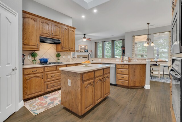 6504 Bluebird Dr, Arlington, TX 76001 - kitchen featuring stainless steel dishwasher, a peninsula, under cabinet range hood, dark wood-style floors, and gas stovetop