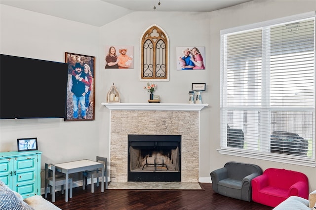 3224 Risinger Rd, Waco, TX 76655 - living room featuring wood finished floors, vaulted ceiling, and a fireplace with flush hearth