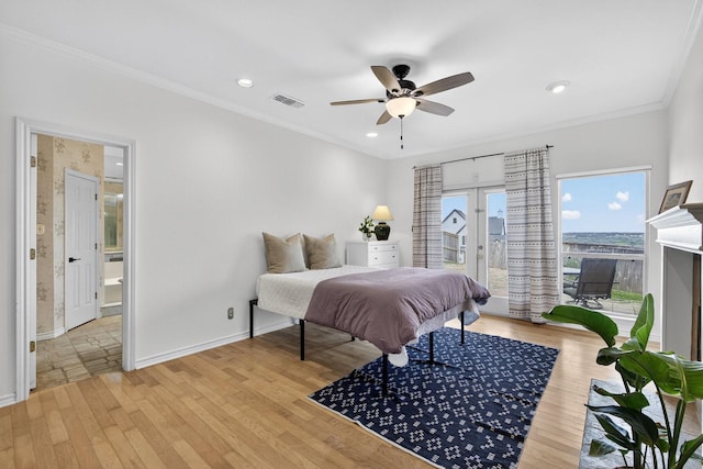 616 Crowley Rd, Arlington, TX 76012 - bedroom with baseboards, wood finished floors, access to exterior, french doors, and ornamental molding