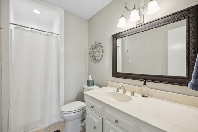 7101 Odell Ave, Rockwall, TX 75087 - full bathroom featuring vanity, toilet, a shower with curtain, and tile patterned floors