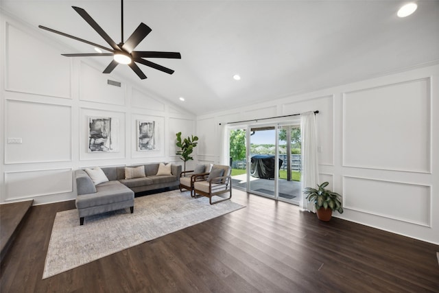 7101 Odell Ave, Rockwall, TX 75087 - living room with a decorative wall, a ceiling fan, recessed lighting, dark wood-style flooring, and high vaulted ceiling