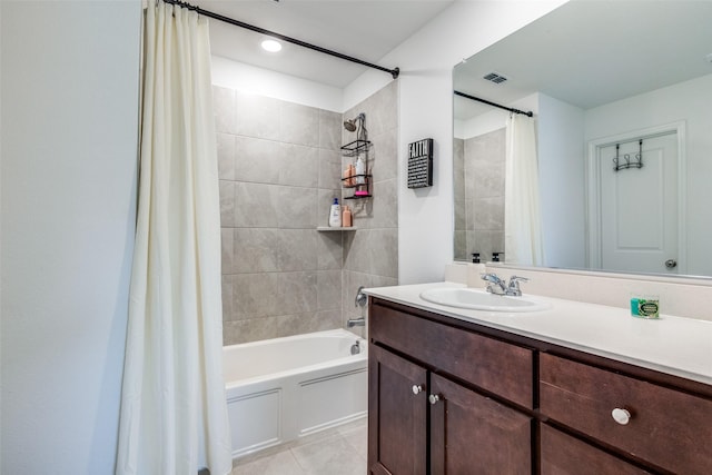 14069 Drover St, Pilot Point, TX 76258 - full bathroom with shower / bathtub combination with curtain, vanity, and tile patterned floors