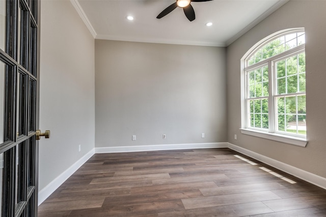 2007 Hill Country Ct, Arlington, TX 76012 - spare room featuring ceiling fan, crown molding, dark wood-style floors, recessed lighting, and baseboards