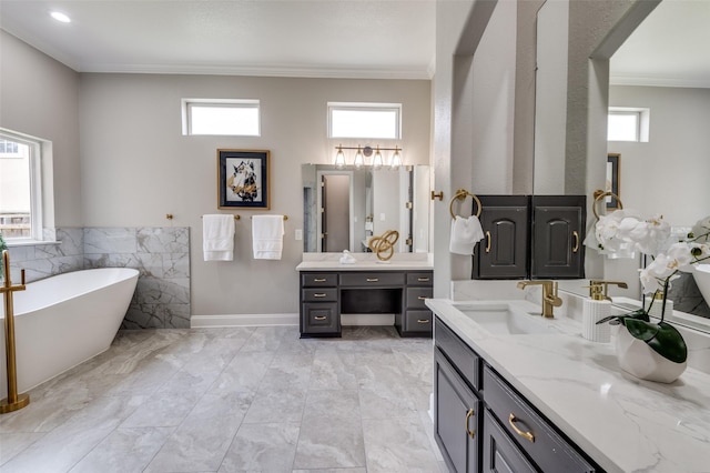 2007 Hill Country Ct, Arlington, TX 76012 - bathroom with crown molding, a freestanding bath, vanity, and marble finish floors