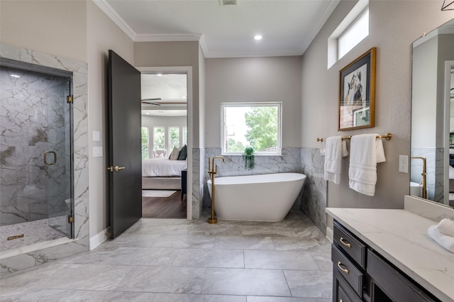 2007 Hill Country Ct, Arlington, TX 76012 - bathroom featuring ornamental molding, marble finish flooring, a soaking tub, a marble finish shower, and vanity