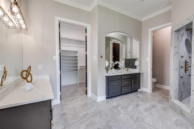 2007 Hill Country Ct, Arlington, TX 76012 - bathroom with crown molding, marble look tile flooring, a marble finish shower, and double vanity