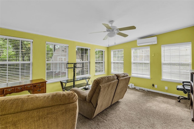 4113 Crestview Dr, Fort Worth, TX 76103 - living room featuring an AC wall unit, carpet flooring, ceiling fan, and baseboards