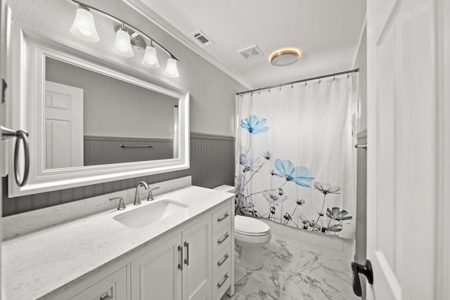 741 Oak Dale Ave, Lake Dallas, TX 75065 - bathroom with vanity, marble finish floors, toilet, wainscoting, and shower / bath combination with curtain