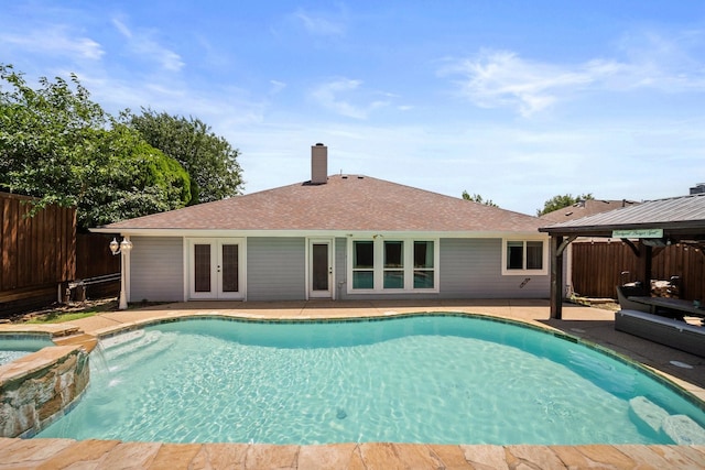 741 Oak Dale Ave, Lake Dallas, TX 75065 - view of swimming pool featuring french doors, a gazebo, a fenced backyard, a pool with connected hot tub, and a patio area
