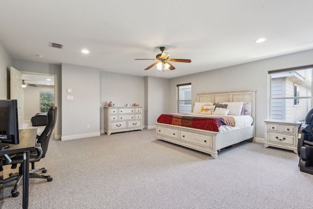 5708 Pebble Ridge Dr, Mckinney, TX 75070 - bedroom featuring a desk, light colored carpet, recessed lighting, baseboards, and a ceiling fan