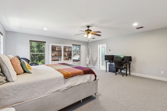 5708 Pebble Ridge Dr, Mckinney, TX 75070 - carpeted bedroom featuring multiple windows, an office area, baseboards, recessed lighting, and a ceiling fan