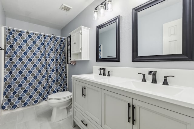 5708 Pebble Ridge Dr, Mckinney, TX 75070 - full bathroom with toilet, double vanity, and a shower with shower curtain