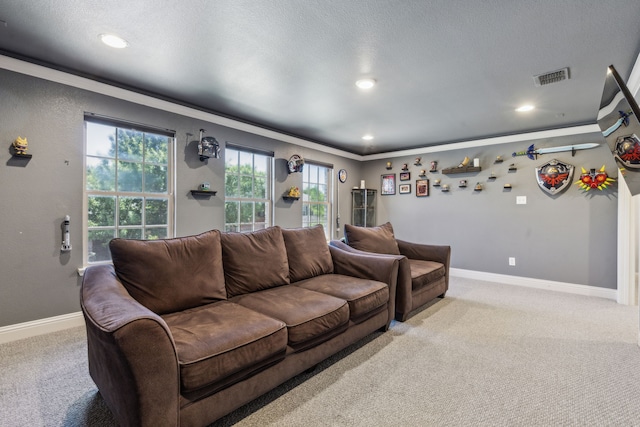 5708 Pebble Ridge Dr, Mckinney, TX 75070 - living room featuring carpet floors, crown molding, recessed lighting, baseboards, and a textured ceiling