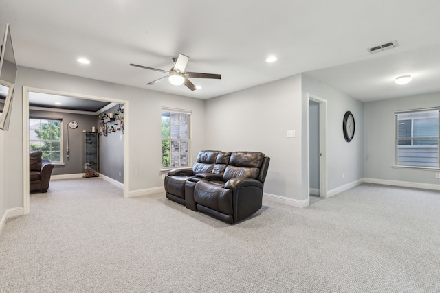 5708 Pebble Ridge Dr, Mckinney, TX 75070 - living room featuring carpet floors, baseboards, plenty of natural light, a ceiling fan, and recessed lighting