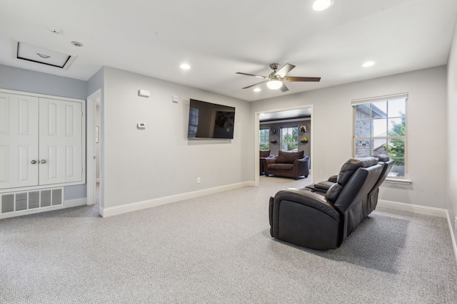 5708 Pebble Ridge Dr, Mckinney, TX 75070 - carpeted living room with baseboards, recessed lighting, and ceiling fan