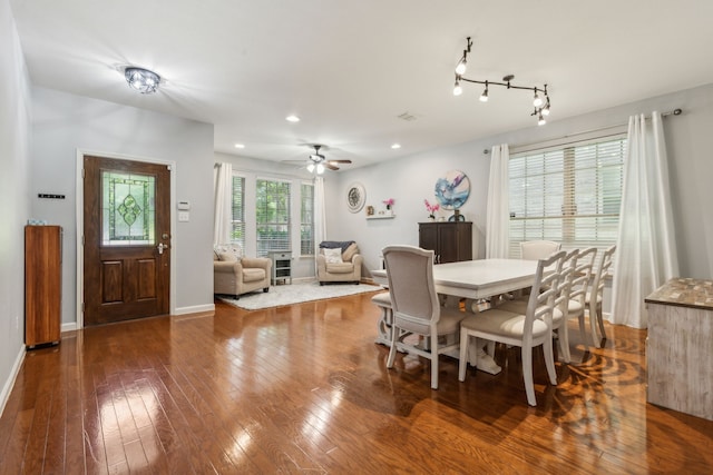 5708 Pebble Ridge Dr, Mckinney, TX 75070 - dining area featuring hardwood / wood-style floors, recessed lighting, a ceiling fan, and baseboards