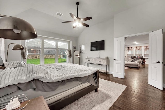 3504 Kodiak Dr, Melissa, TX 75454 - bedroom featuring dark wood finished floors, high vaulted ceiling, baseboards, and a ceiling fan