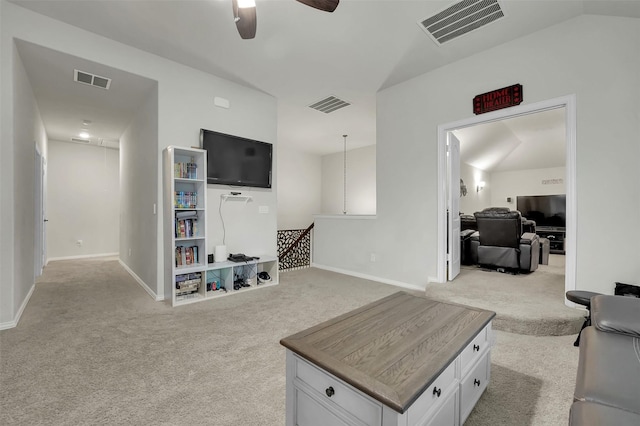 3504 Kodiak Dr, Melissa, TX 75454 - carpeted living area with a ceiling fan, baseboards, attic access, and vaulted ceiling
